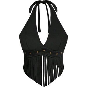 Women's Cowgirl Fringe Faux Suede Halter Top Tie Backless Sleeveless Casual